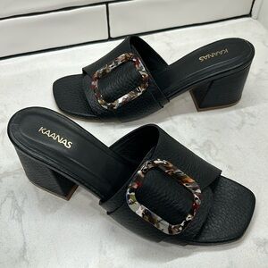 KAANAS Comino Buckle Heeled Slide Sandals Black Pebbled Leather